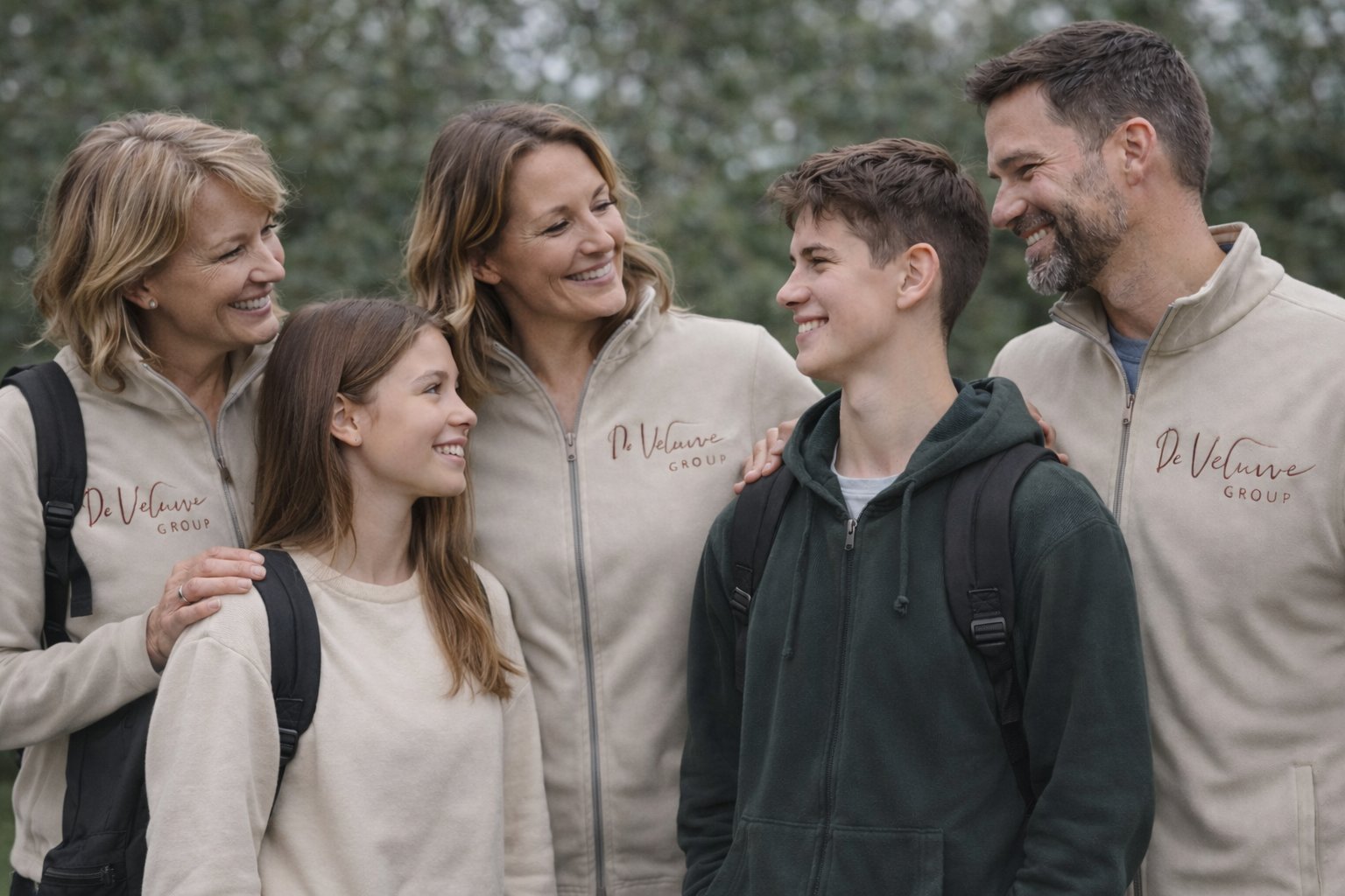 A family of five standing together outdoors, smiling at each other. Two adults and three children wearing casual clothing with green foliage in the background.